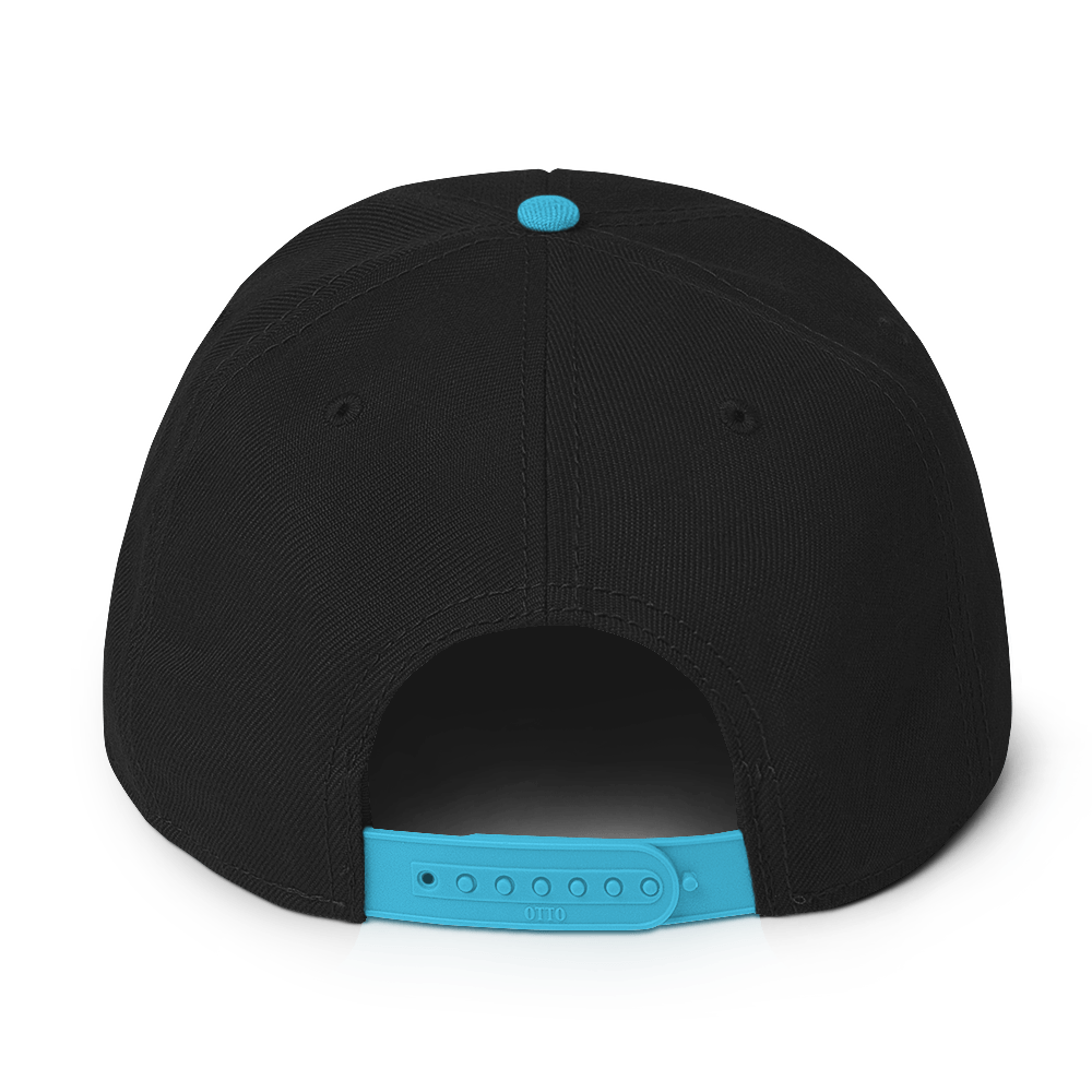 Black and Aqua Blue Snapback Hat with Bright Diamond 'A' Back Embroidery - ARAWMANTICKS Back Mockup