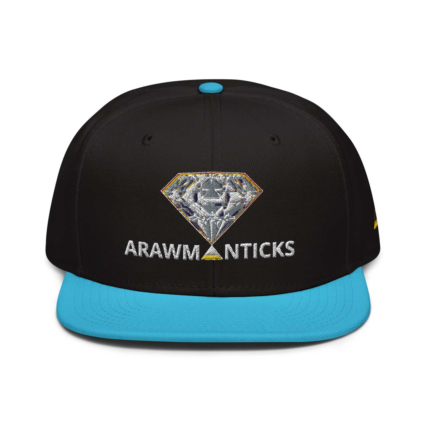 Black and Aqua Blue Snapback Hat with Bright Diamond 'A' Front Embroidery - ARAWMANTICKS Front Mockup