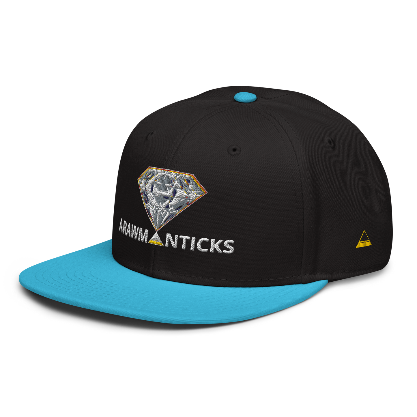 Black and Aqua Blue Snapback Hat with Bright Diamond 'A' Front Embroidery - ARAWMANTICKS Left Front Mockup