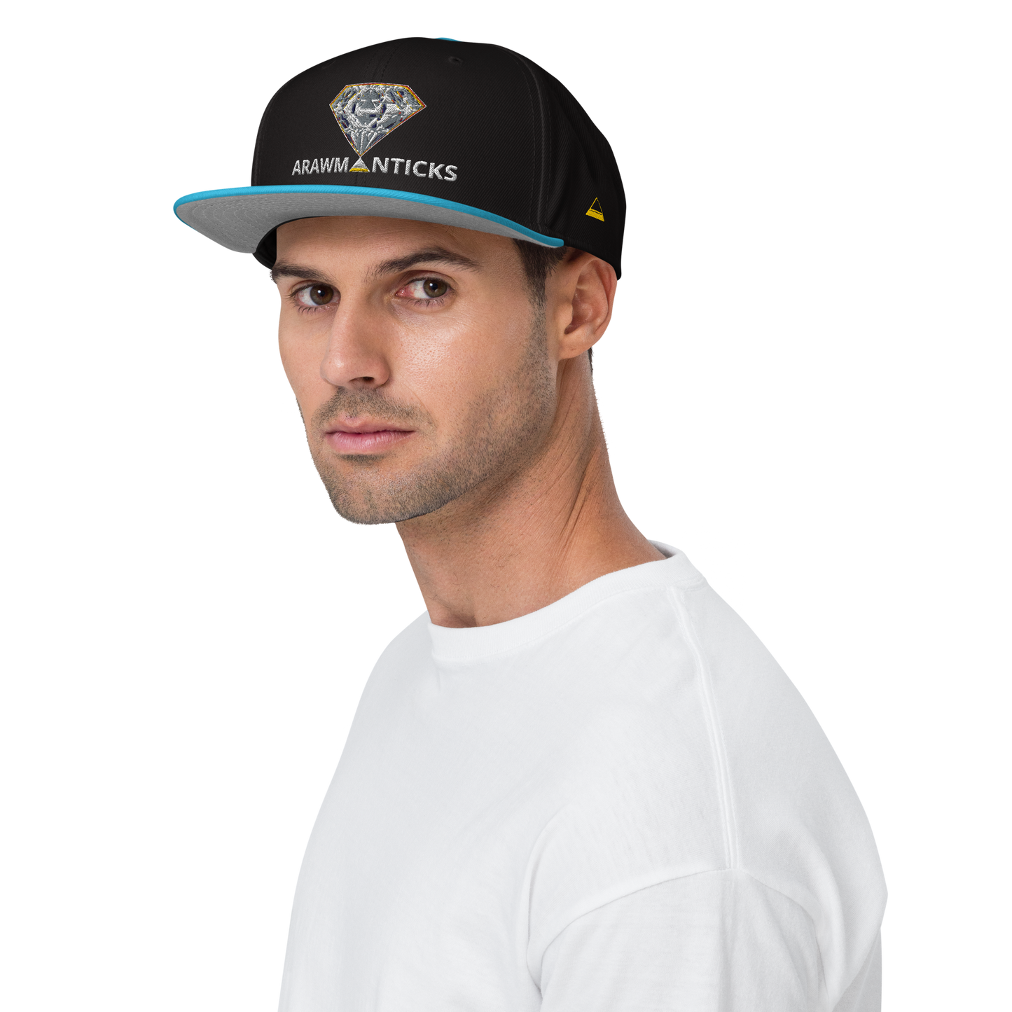 Male Model Wearing Black and Aqua Blue Snapback Hat with Bright Diamond 'A' Front Embroidery - ARAWMANTICKS