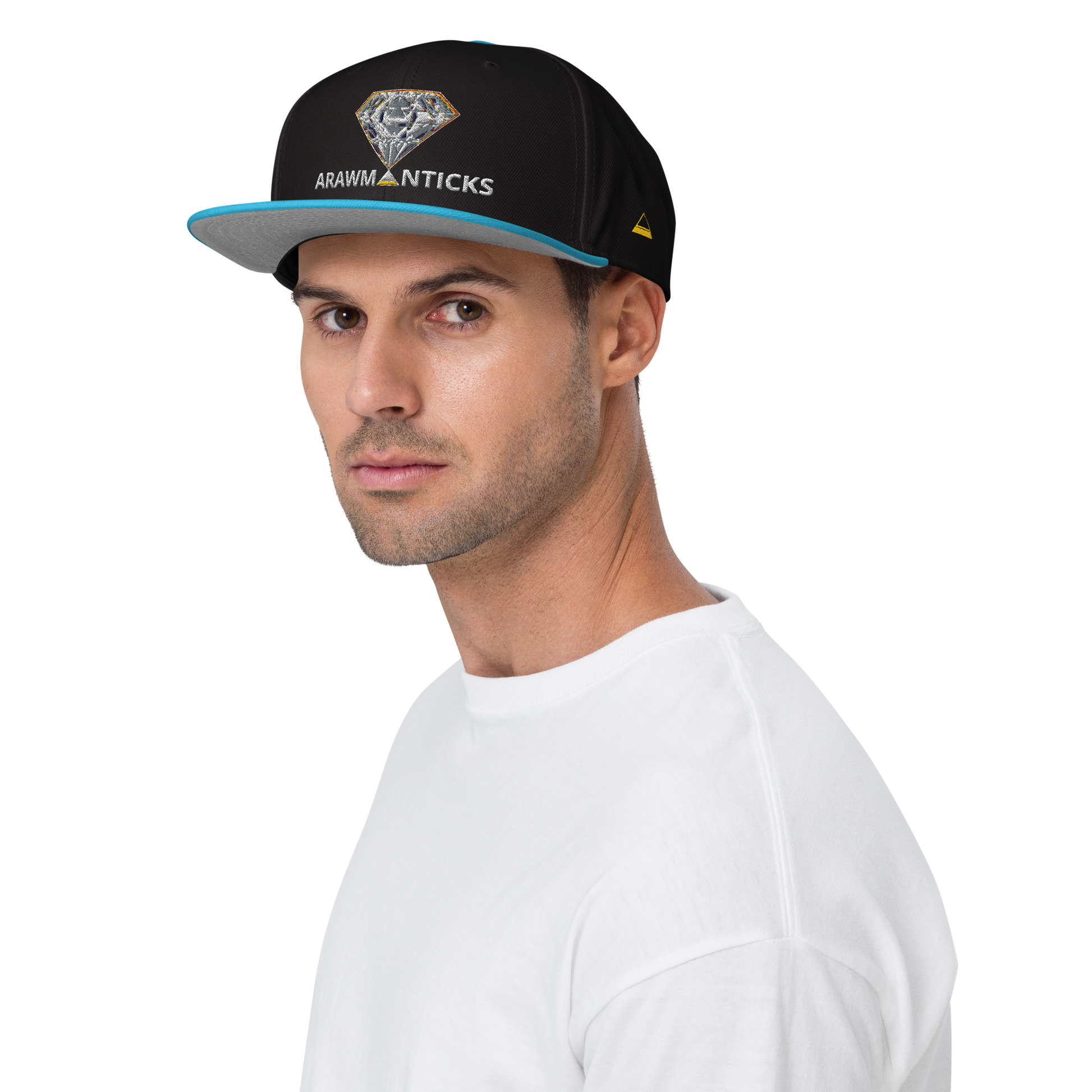 Male Model Wearing Black and Aqua Blue Snapback Hat with Bright Diamond 'A' Front Embroidery - ARAWMANTICKS