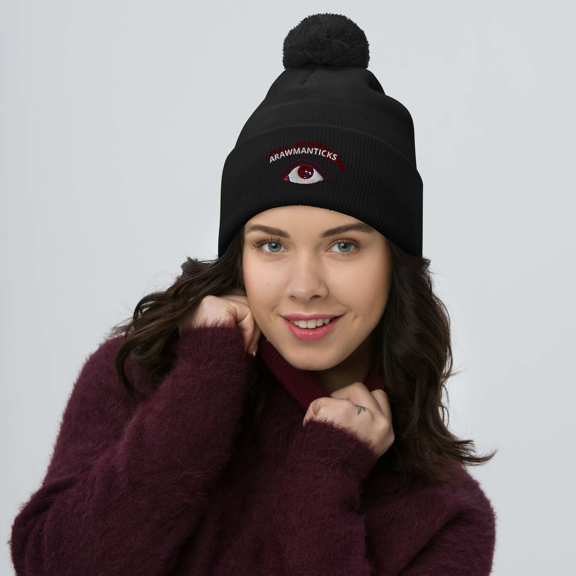 Female Model Wearing Black Beanie with Eye Embroidery - ARAWMANTICKS