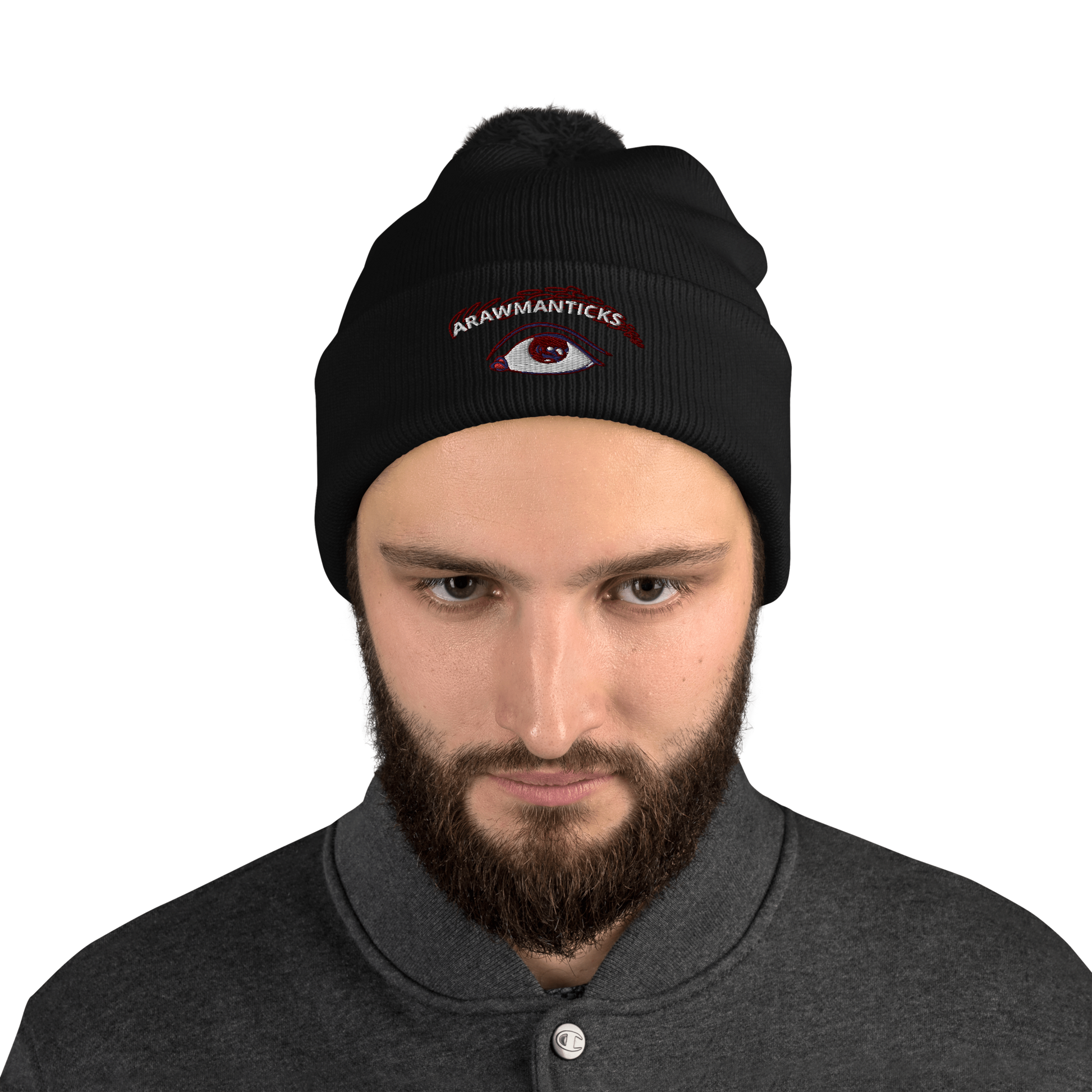 Male Model Wearing Black Beanie with Eye Embroidery - ARAWMANTICKS