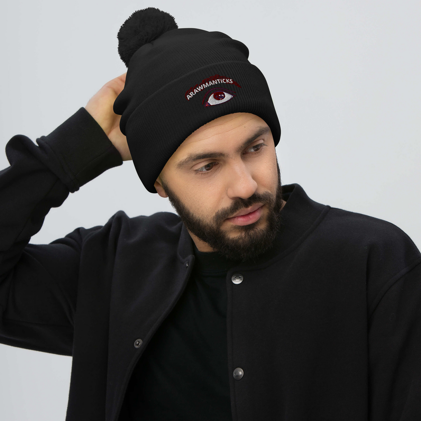 Male Model Wearing Black Beanie with Eye Embroidery - ARAWMANTICKS