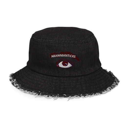 Black Denim Distressed Bucket Hat with All Seeing Eye Embroidery - ARAWMANTICKS Front Mockup