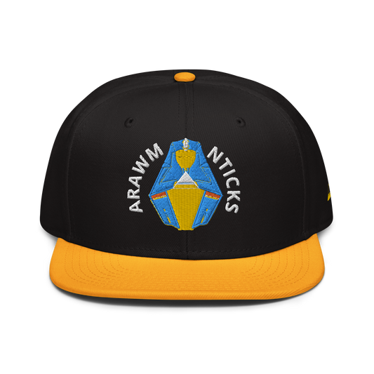 Black and Gold Snapback Hat with Blue and Gold Sleeping Pharaoh Embroidery - ARAWMANTICKS Front Mockup