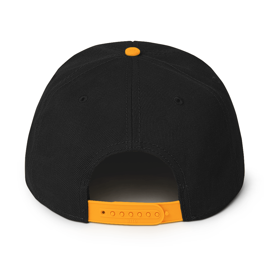 Black and Gold Snapback Hat with Bright Diamond 'A' Back Embroidery - ARAWMANTICKS Back Mockup