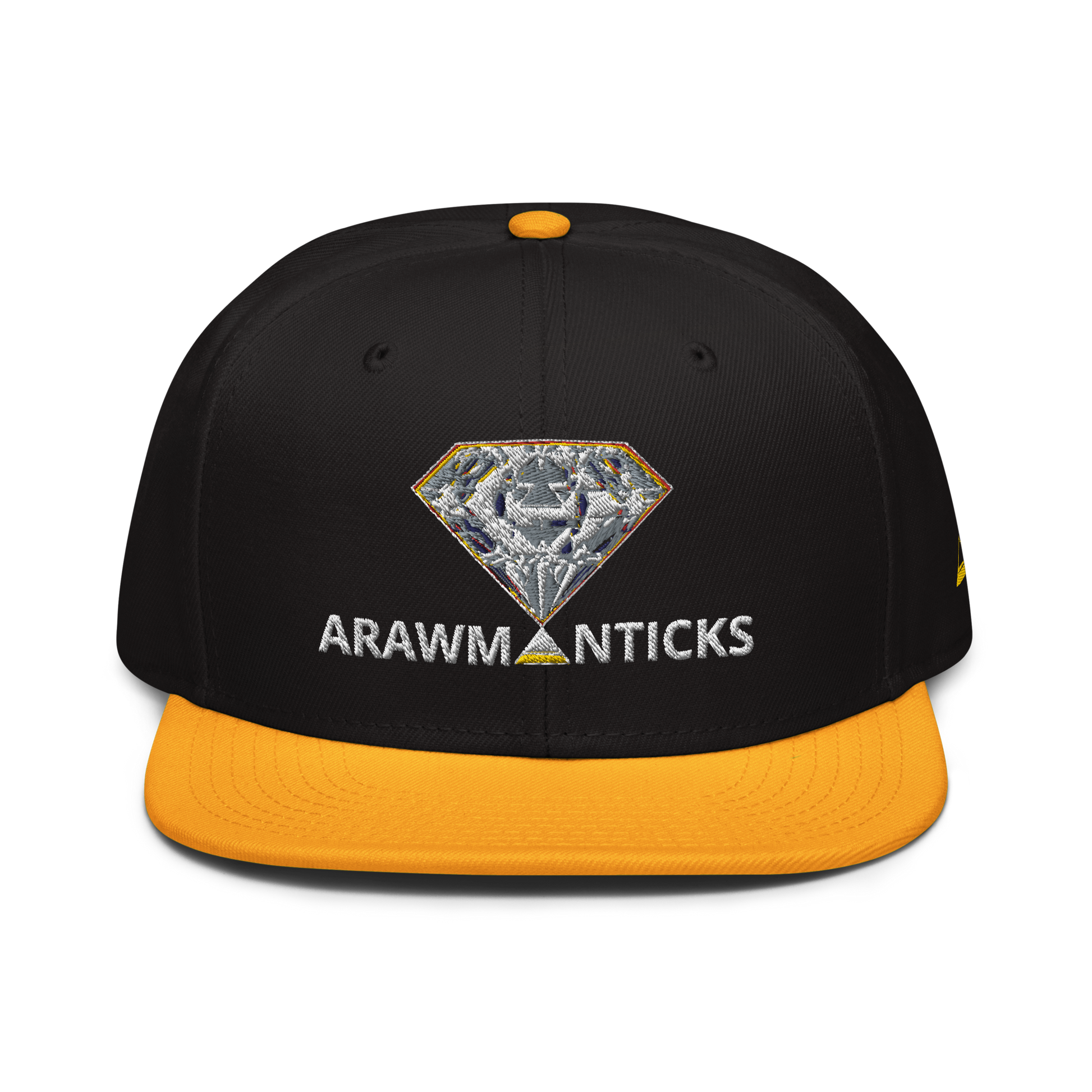 Black and Gold Snapback Hat with Bright Diamond 'A' Front Embroidery - ARAWMANTICKS Front Mockup