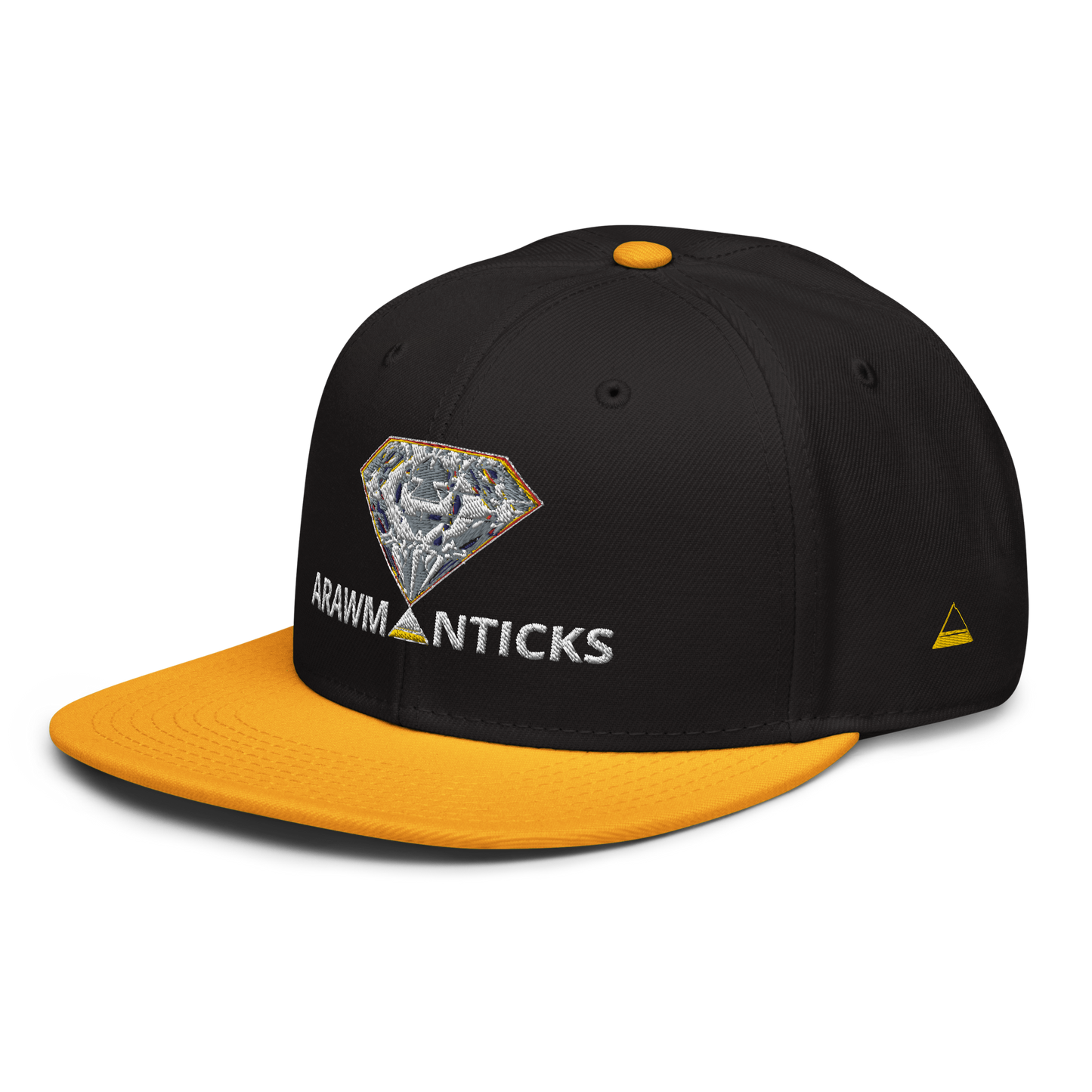 Black and Gold Snapback Hat with Bright Diamond 'A' Front Embroidery - ARAWMANTICKS Left Front Mockup