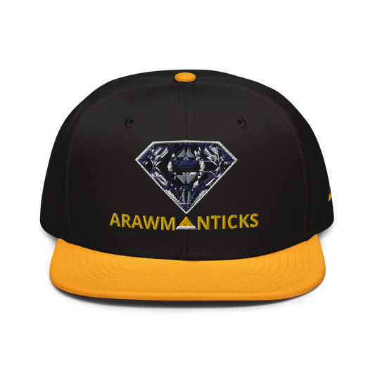 Black and Gold Snapback Hat with Dark Diamond 'A' Front Embroidery - ARAWMANTICKS Front Mockup