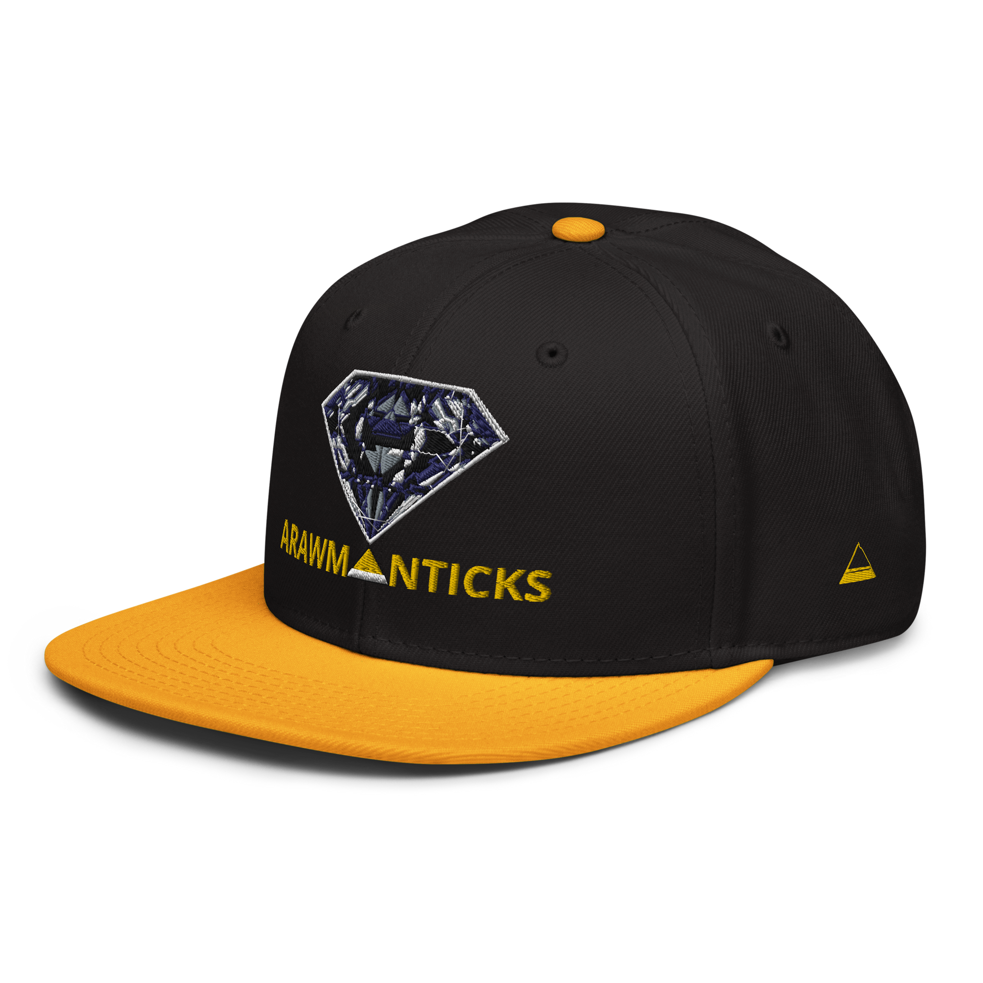 Black and Gold Snapback Hat with Dark Diamond 'A' Front Embroidery - ARAWMANTICKS Left Front Mockup