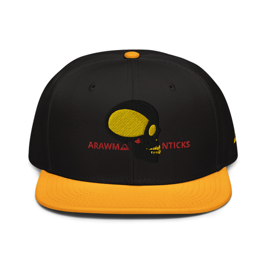 Black and Gold Snapback Hat with Black and Gold Skull Embroidery - ARAWMANTICKS Front Mockup