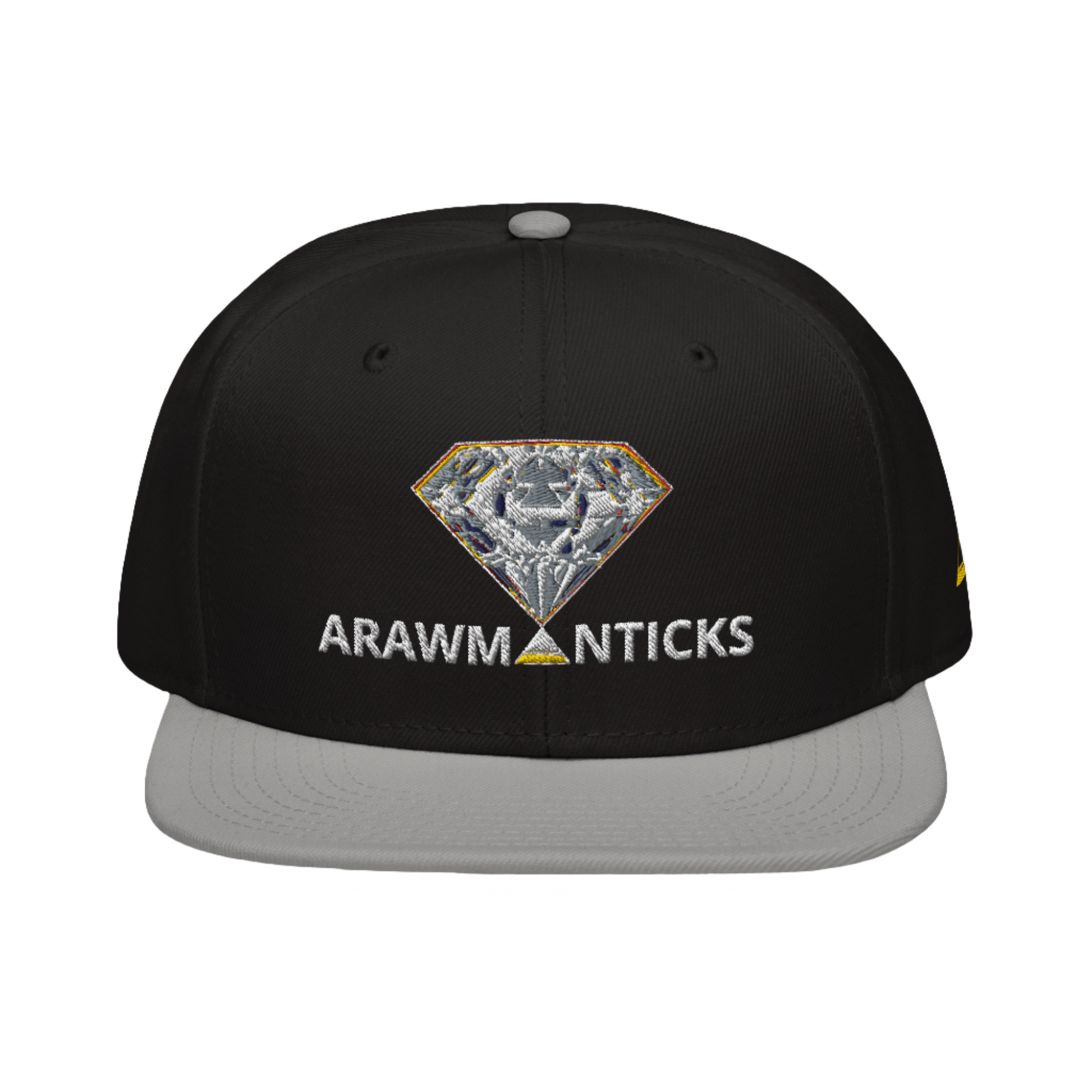 Black and Grey Snapback Hat with Bright Diamond 'A' Front Embroidery - ARAWMANTICKS Front Mockup