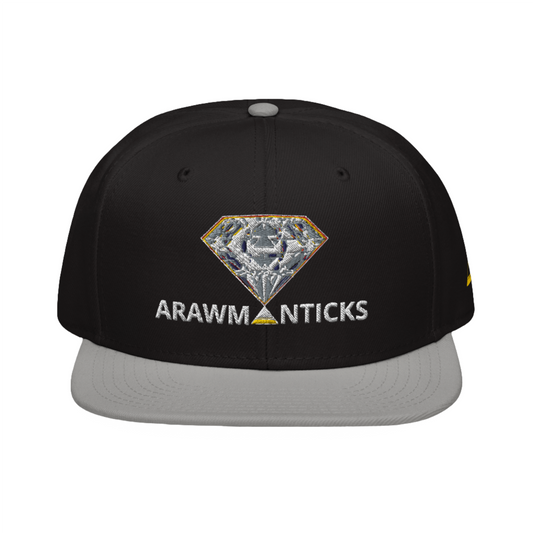 Black and Grey Snapback Hat with Bright Diamond 'A' Front Embroidery - ARAWMANTICKS Front Mockup