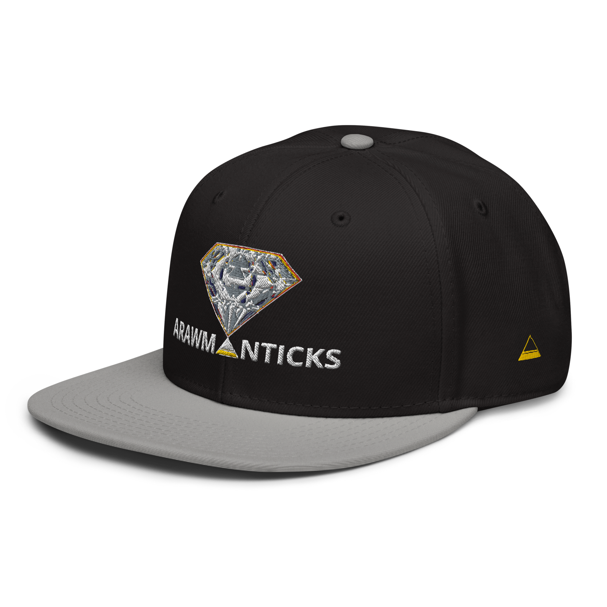 Black and Grey Snapback Hat with Bright Diamond 'A' Front Embroidery - ARAWMANTICKS Left Front Mockup