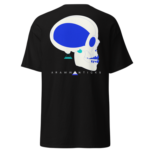 Black T-Shirt with Large White and Blue Skull Back Print - ARAWMANTICKS Ghost Mockup