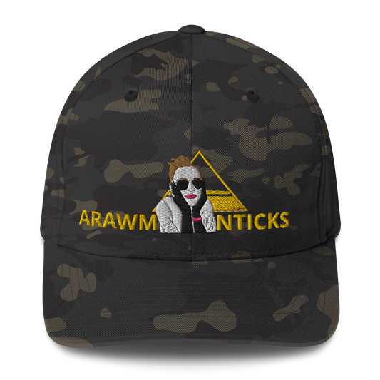 Black Multicam Structured Twill Cap with OMG Girl and Pyramid Design Front Embroidery - ARAWMANTICKS Front Mockup