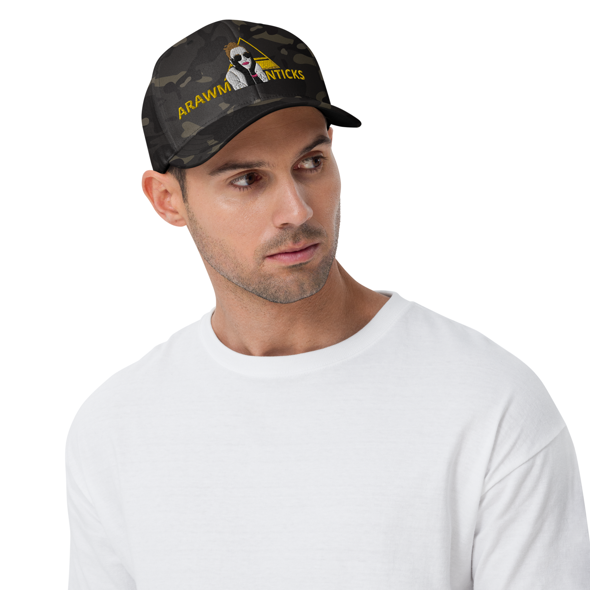 Male Model Wearing Black Multicam Structured Twill Cap with OMG Girl and Pyramid Design Front Embroidery - ARAWMANTICKS