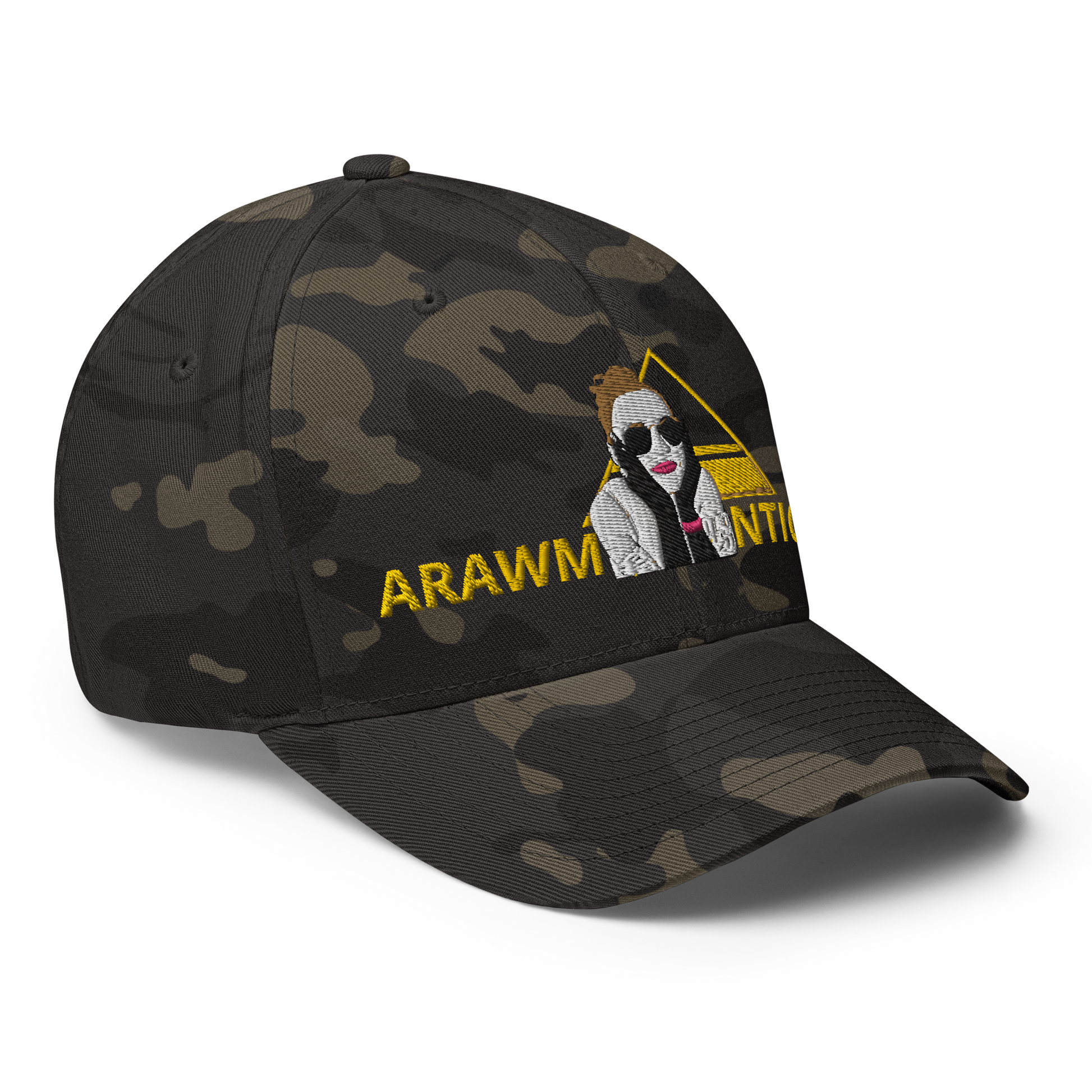 Black Multicam Structured Twill Cap with OMG Girl and Pyramid Design Front Embroidery - ARAWMANTICKS Right Front Mockup