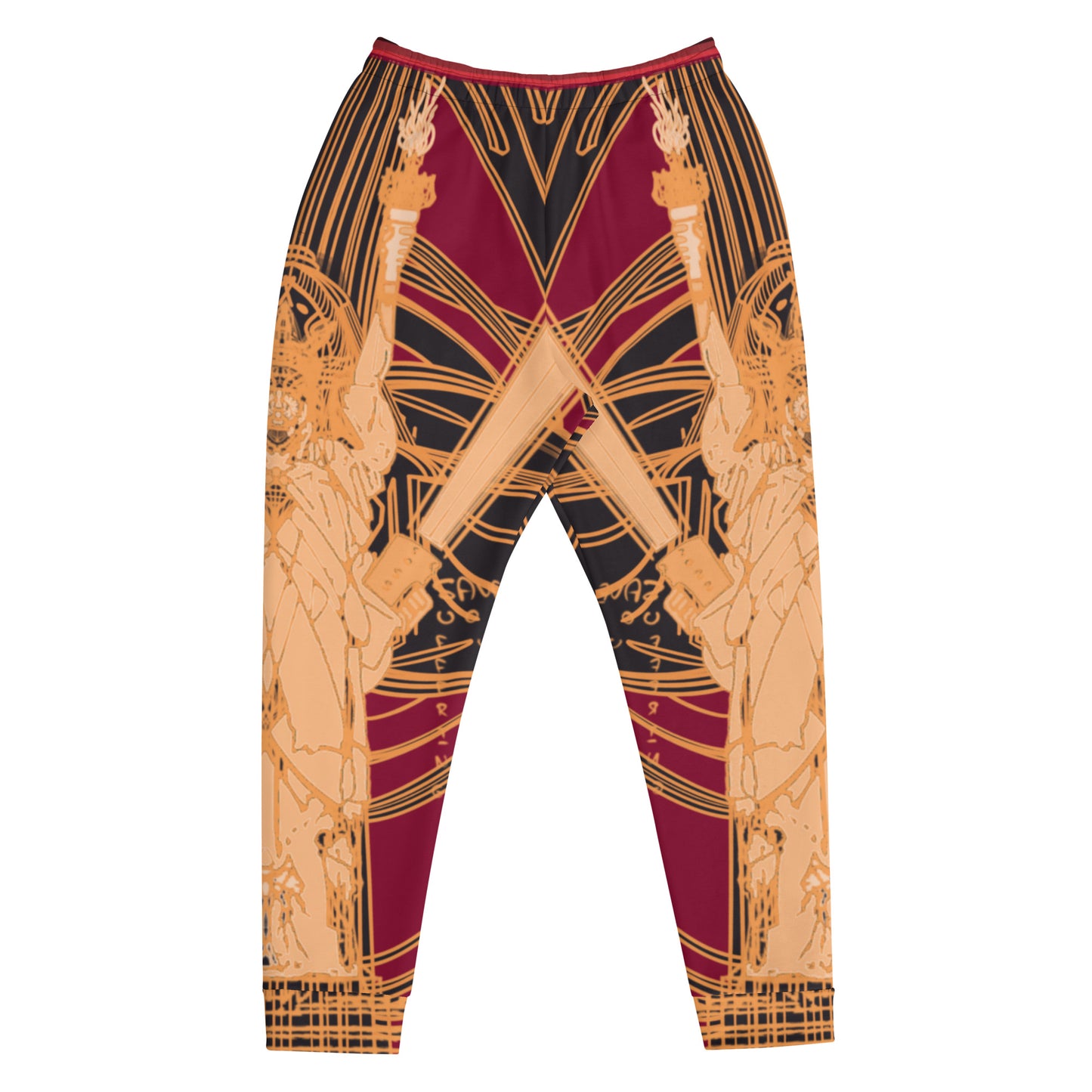 Back Mockup of Black and Red Joggers with Golden Statue of Liberty Design - ARAWMANTICKS