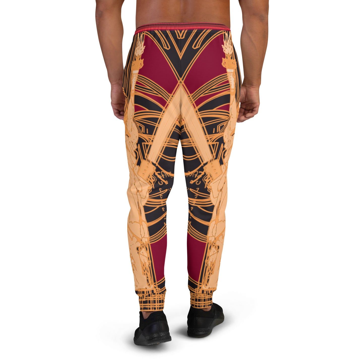 Back View of Model Wearing Black and Red Joggers with Golden Statue of Liberty Design - ARAWMANTICKS