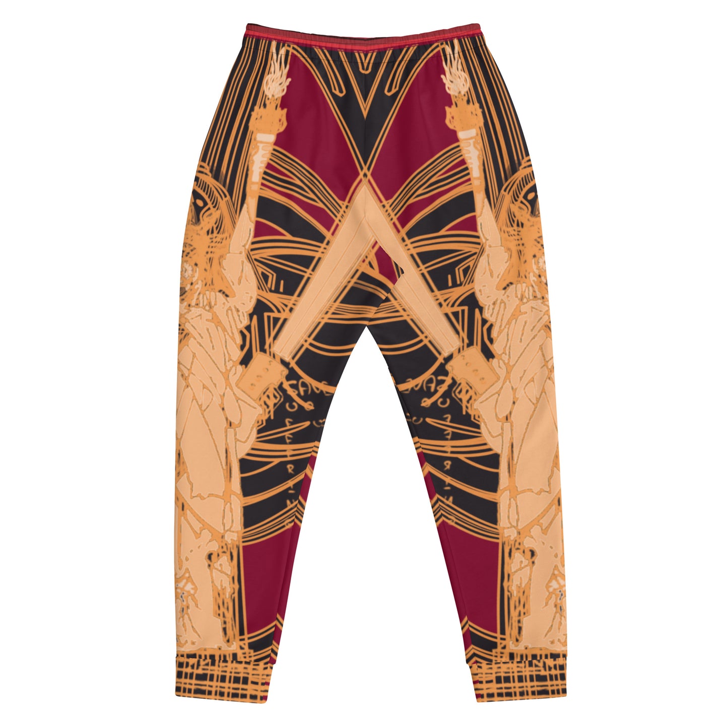 Front Mockup of Black and Red Joggers with Golden Statue of Liberty Design - ARAWMANTICKS