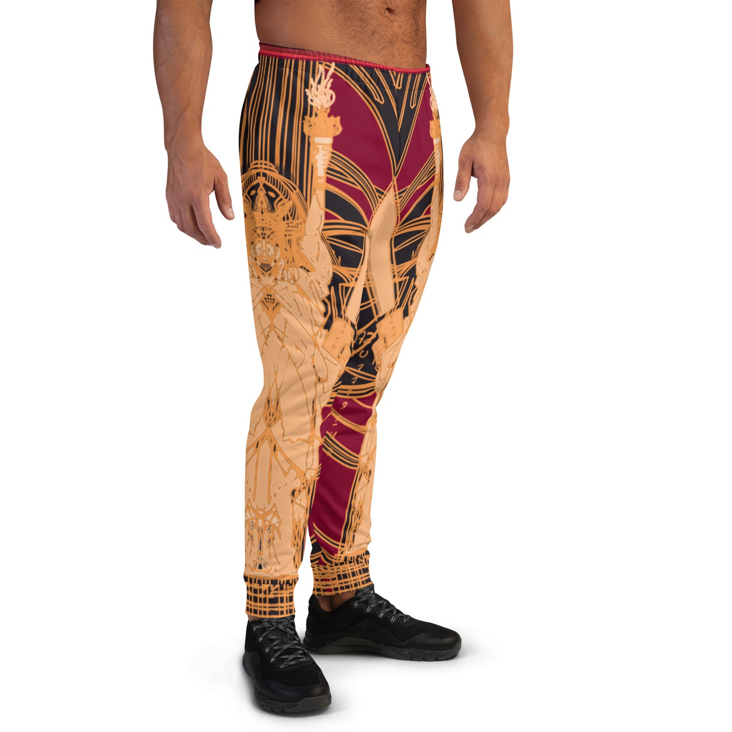 Front Right View of Model Wearing Black and Red Joggers with Golden Statue of Liberty Design - ARAWMANTICKS