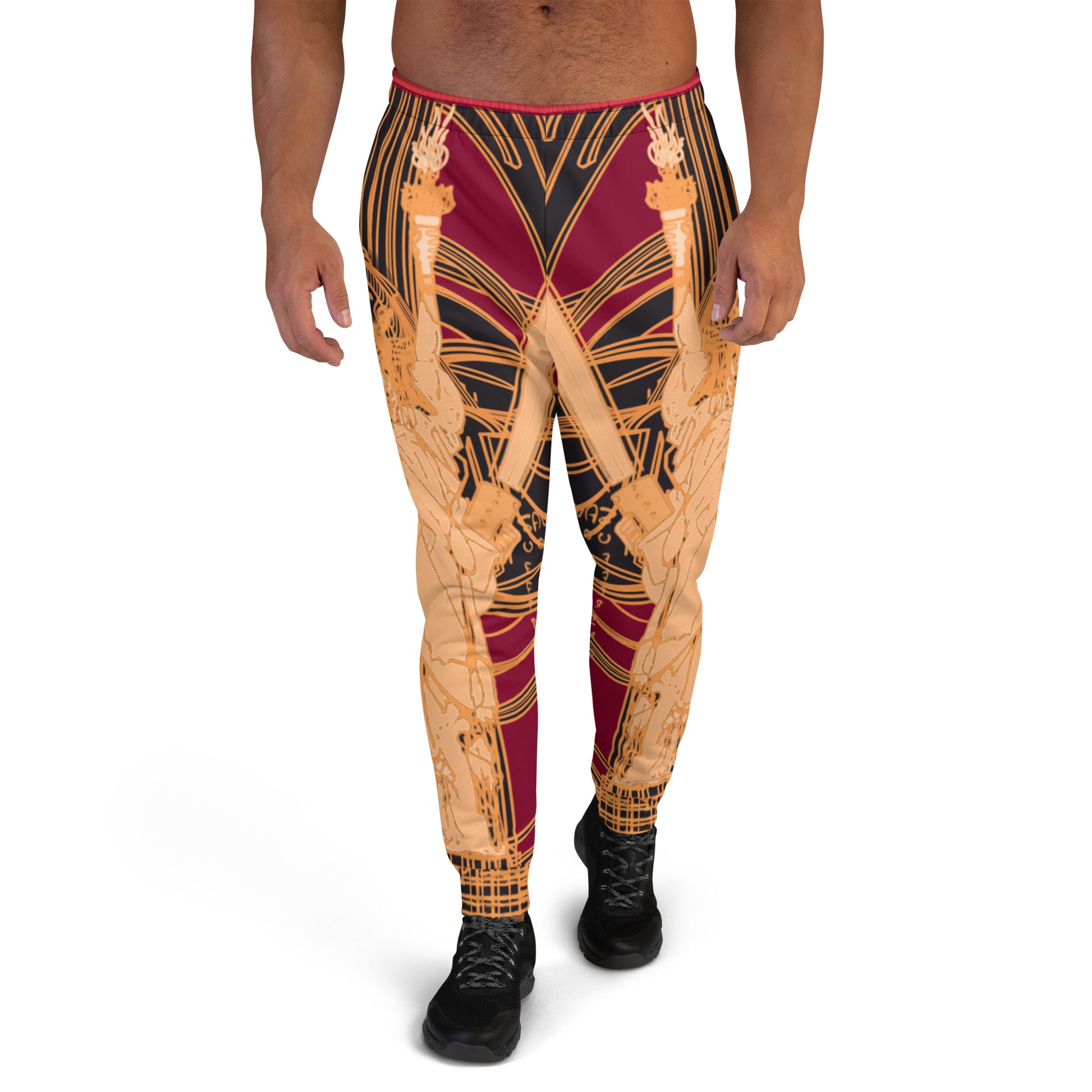 Front View of Model Wearing Black and Red Joggers with Golden Statue of Liberty Design - ARAWMANTICKS