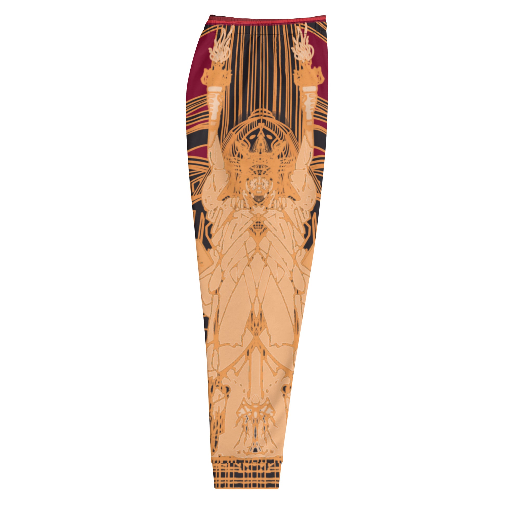 Side Folded View of Black and Red Joggers with Golden Statue of Liberty Design - ARAWMANTICKS