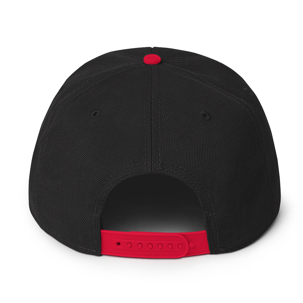 Black and Red Snapback Hat with Black and Gold Skull Embroidery - ARAWMANTICKS Back Mockup