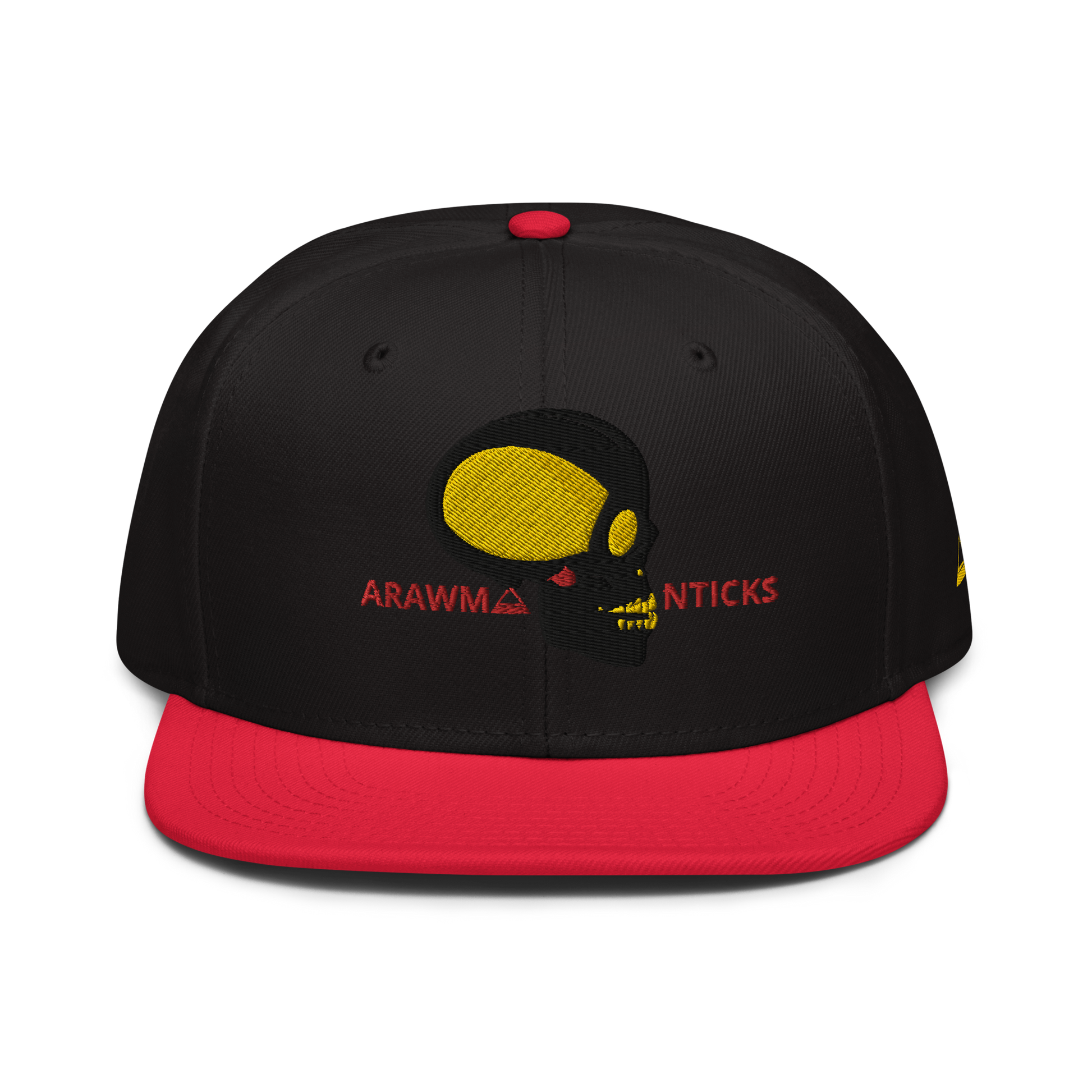 Black and Red Snapback Hat with Black and Gold Skull Embroidery - ARAWMANTICKS Front Mockup