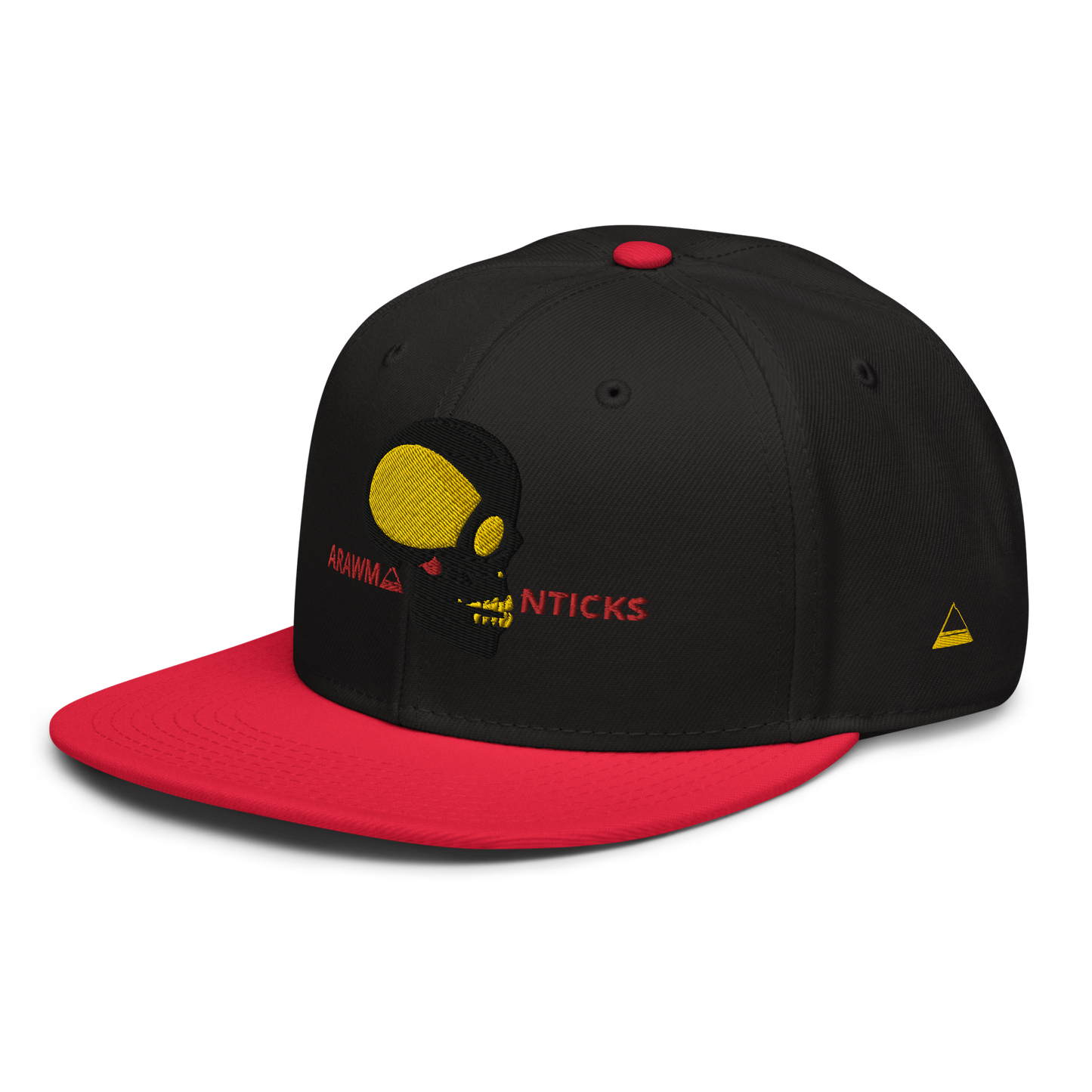 Black and Red Snapback Hat with Black and Gold Skull Embroidery - ARAWMANTICKS Left Front Mockup