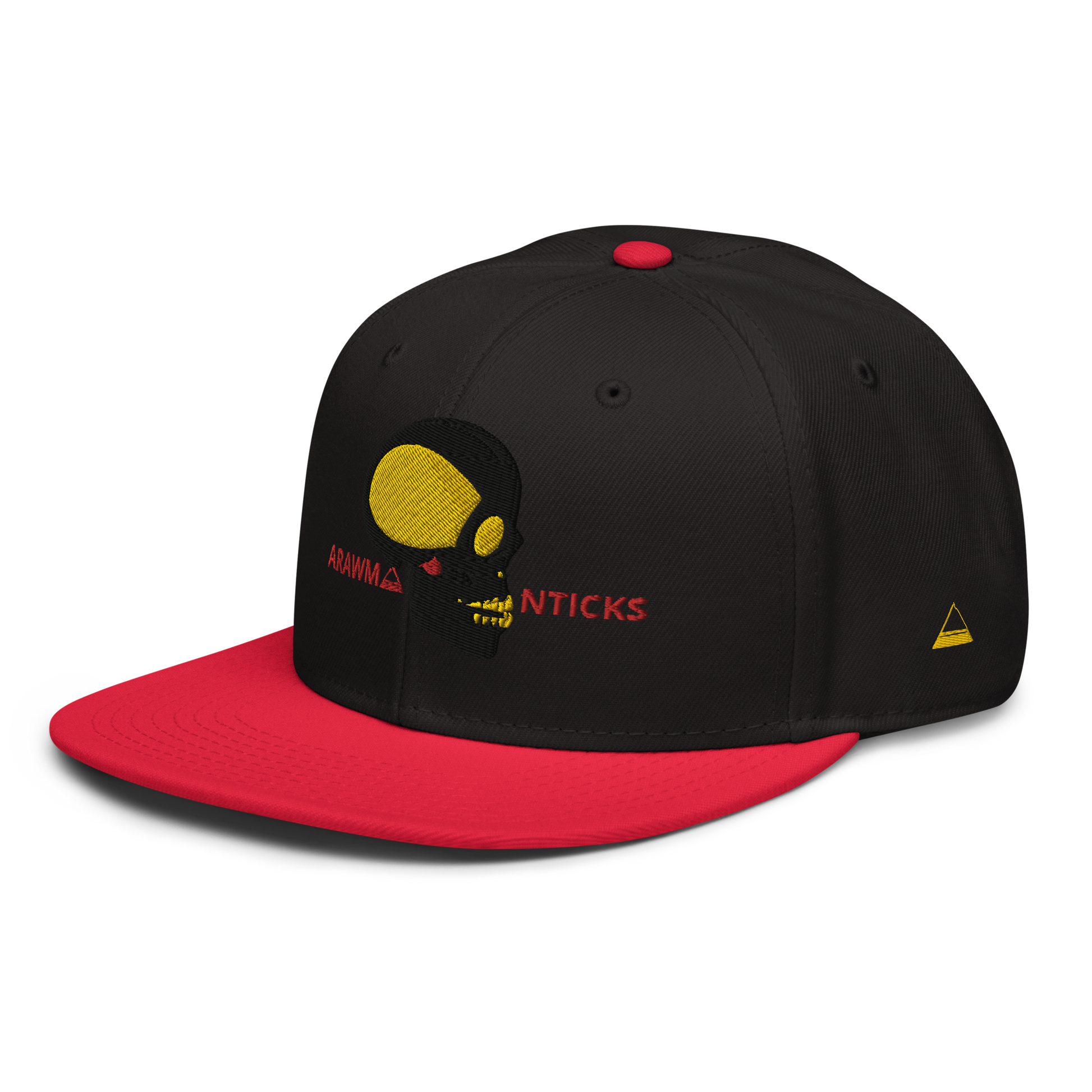 Black and Red Snapback Hat with Black and Gold Skull Embroidery - ARAWMANTICKS Left Front Mockup