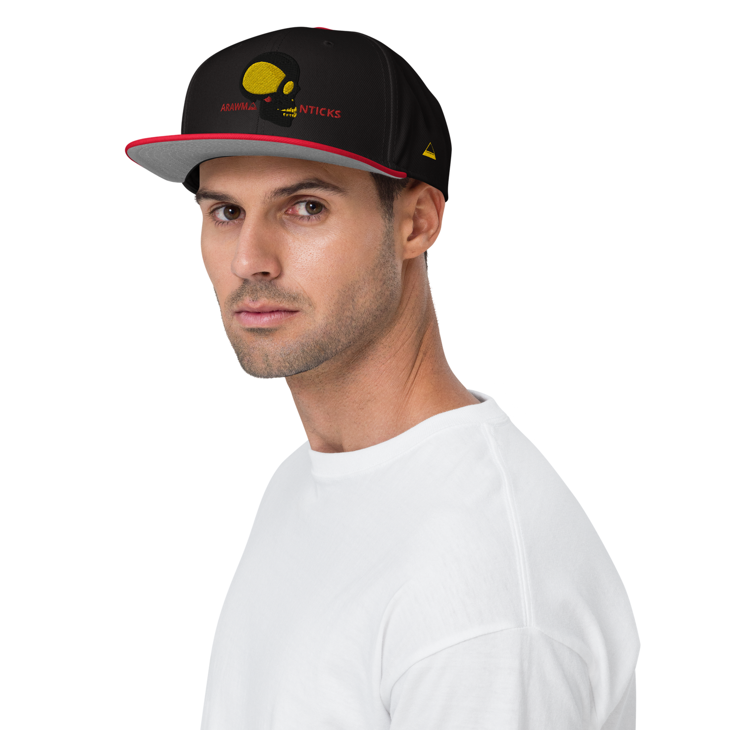 Male Model Wearing Black and Red Snapback Hat with Black and Gold Skull Embroidery - ARAWMANTICKS