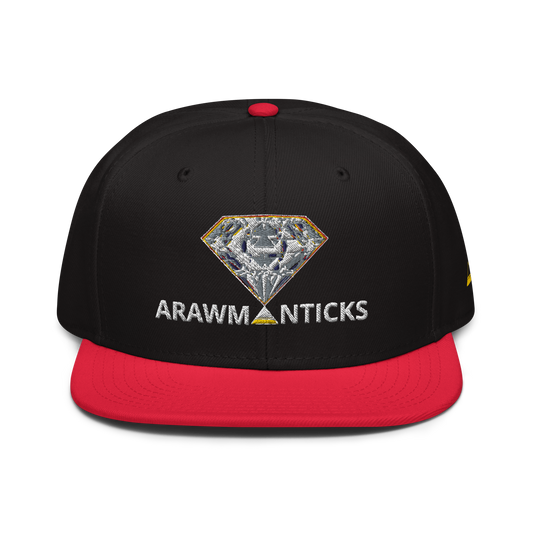 Black and Red Snapback Hat with Bright Diamond 'A' Front Embroidery - ARAWMANTICKS Front Mockup