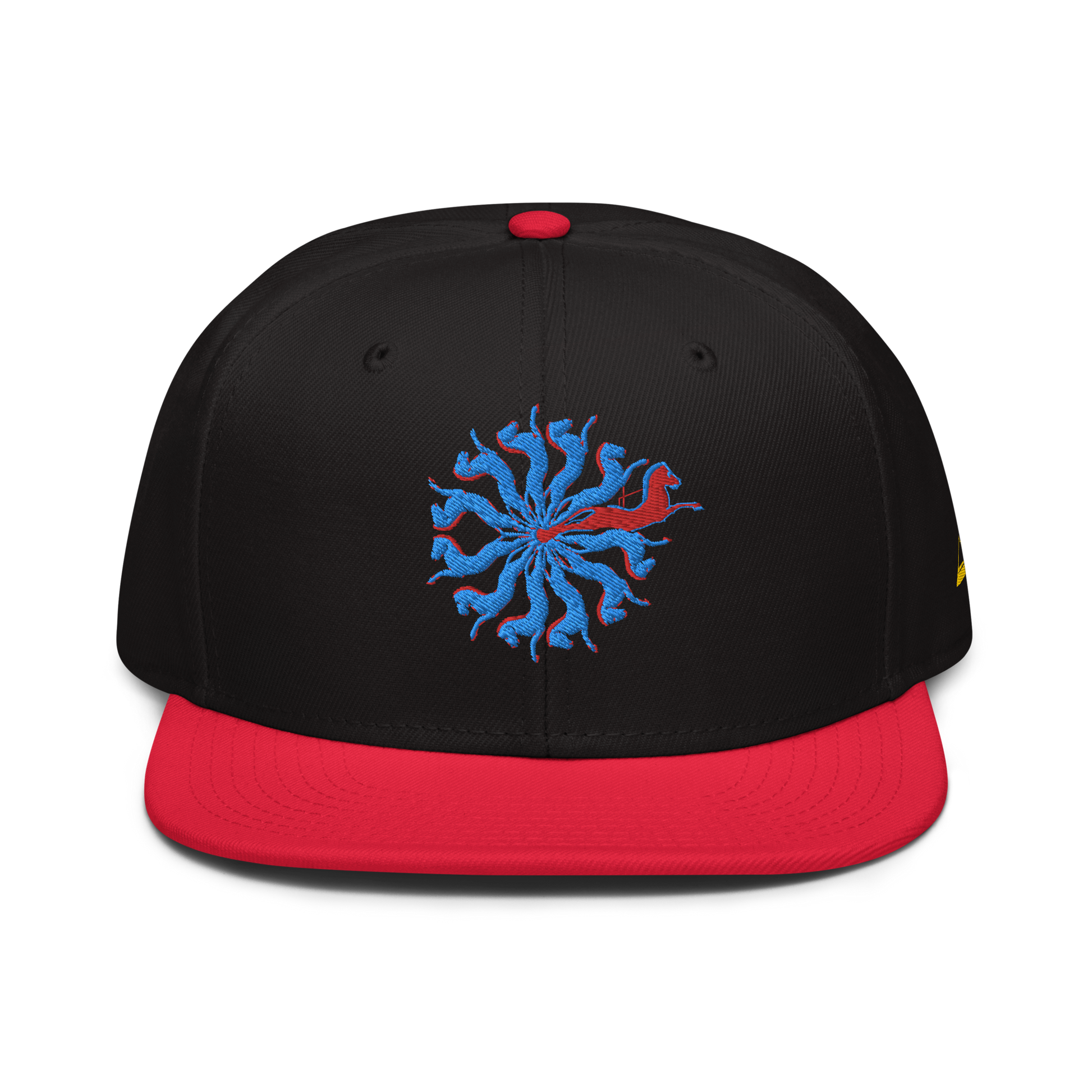 Black and Red Snapback Hat with Embroidered Red and Blue Spiral Horses - ARAWMANTICKS Front Mockup