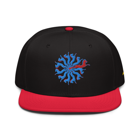 Black and Red Snapback Hat with Embroidered Red and Blue Spiral Horses - ARAWMANTICKS Front Mockup