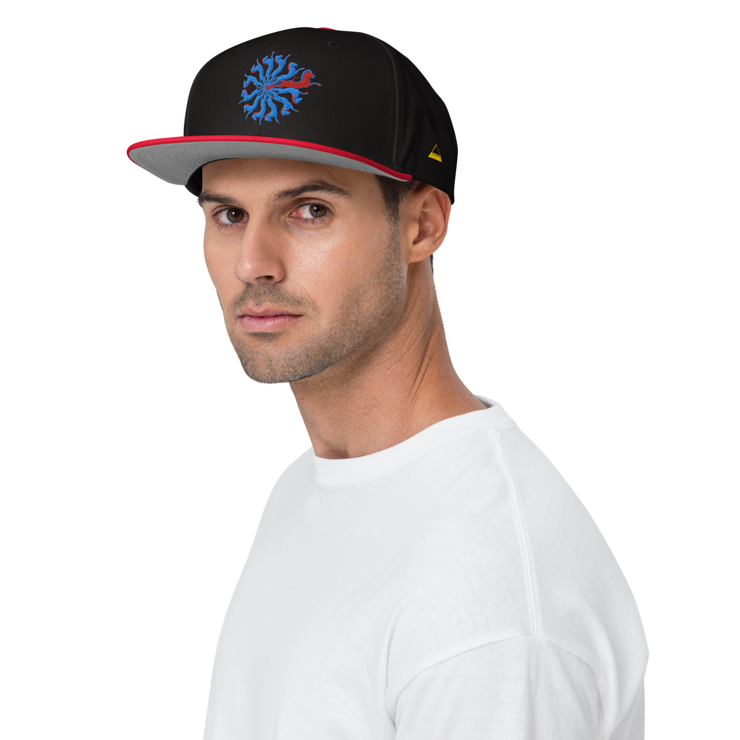 Male Model Wearing Black and Red Snapback Hat with Embroidered Red and Blue Spiral Horses - ARAWMANTICKS