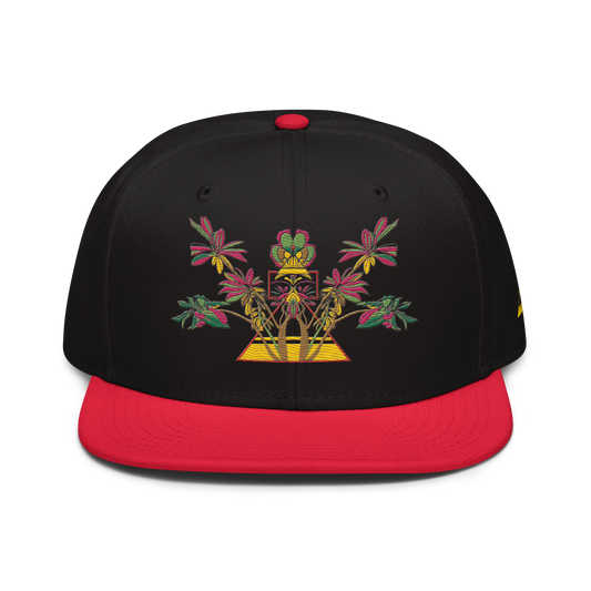 Black and Red Snapback Hat with Red Floral Desert Rose Embroidery & Gold Pyramid - ARAWMANTICKS Front Mockup