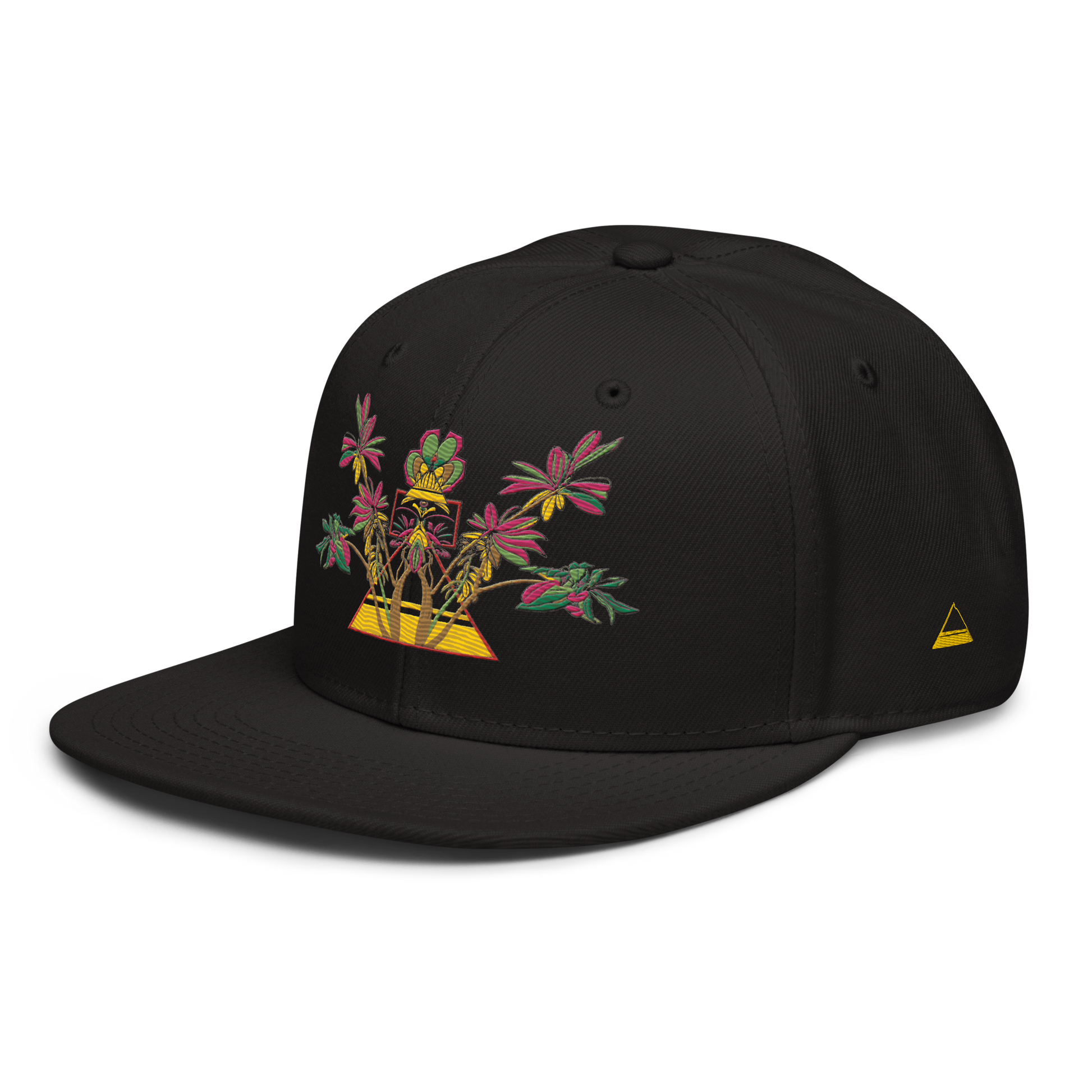 Black Snapback Hat with Blue Floral Desert Rose Embroidery & Pyramid - ARAWMANTICKS Back Mockup