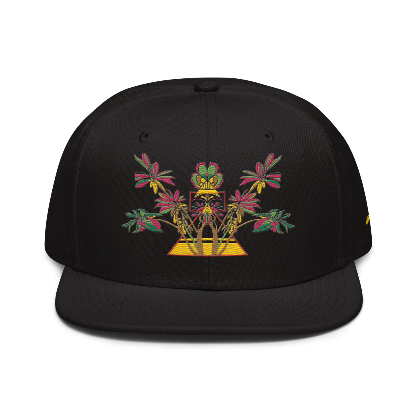 Black Snapback Hat with Blue Floral Desert Rose Embroidery & Pyramid - ARAWMANTICKS Front Mockup