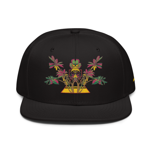 Black Snapback Hat with Blue Floral Desert Rose Embroidery & Pyramid - ARAWMANTICKS Front Mockup