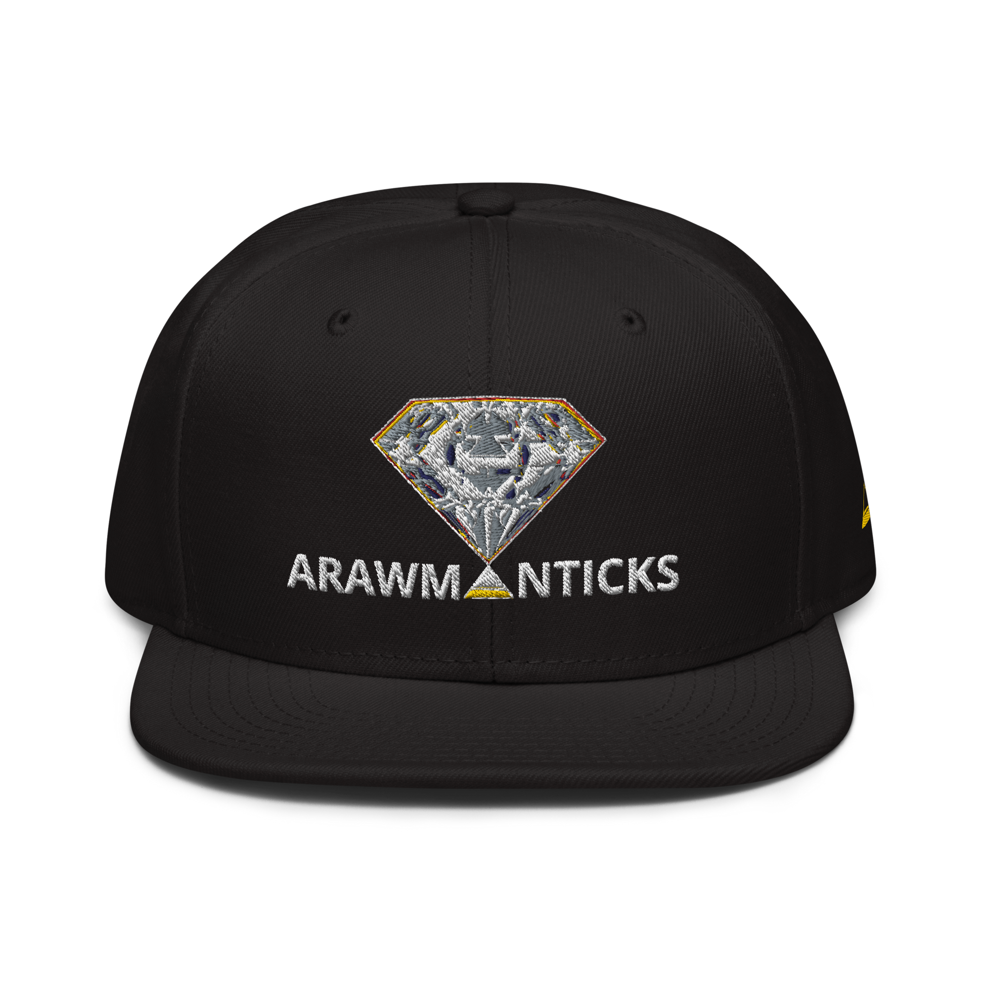 Black Snapback Hat with Bright Diamond 'A' Front Embroidery - ARAWMANTICKS Front Mockup