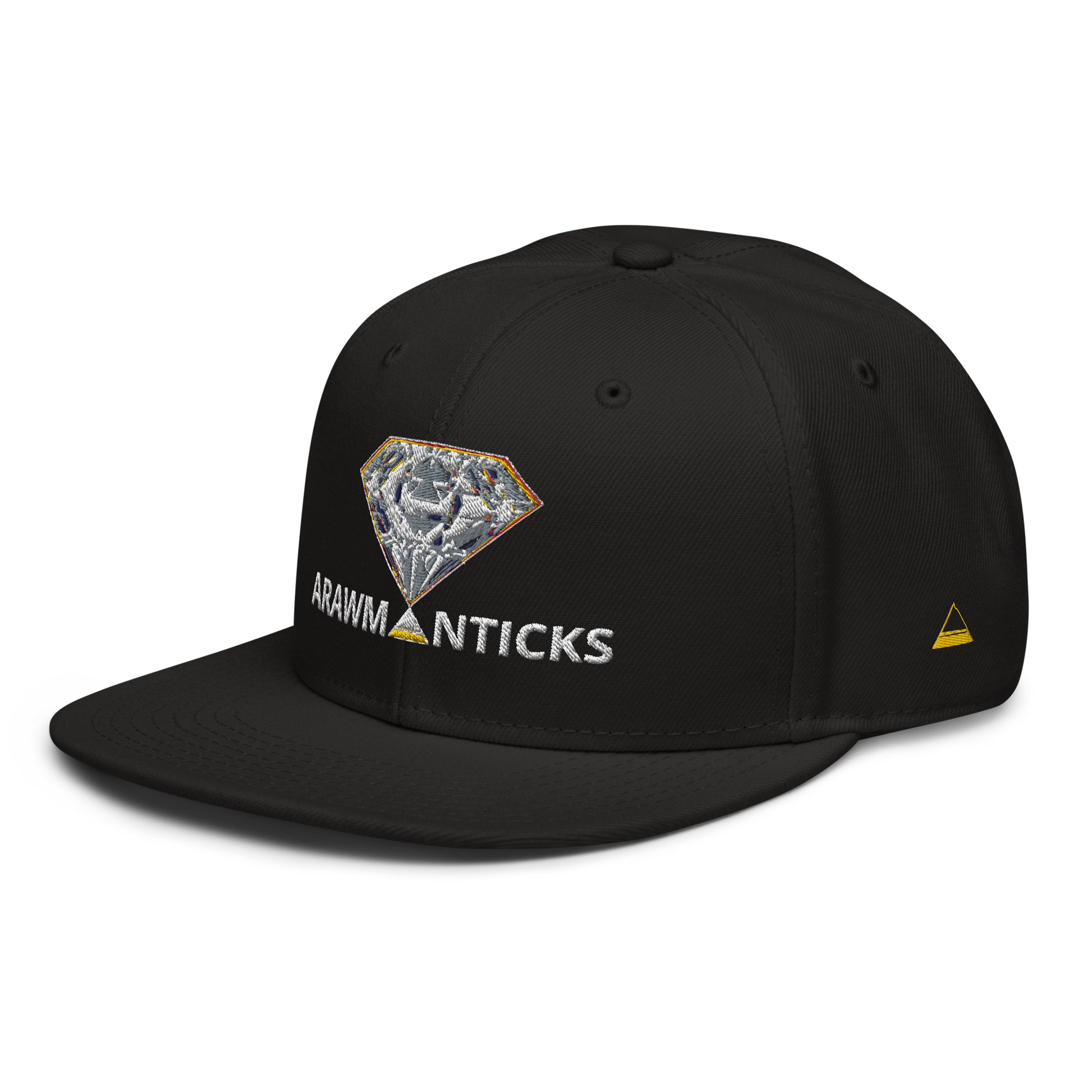 Black Snapback Hat with Bright Diamond 'A' Front Embroidery - ARAWMANTICKS Left Front Mockup