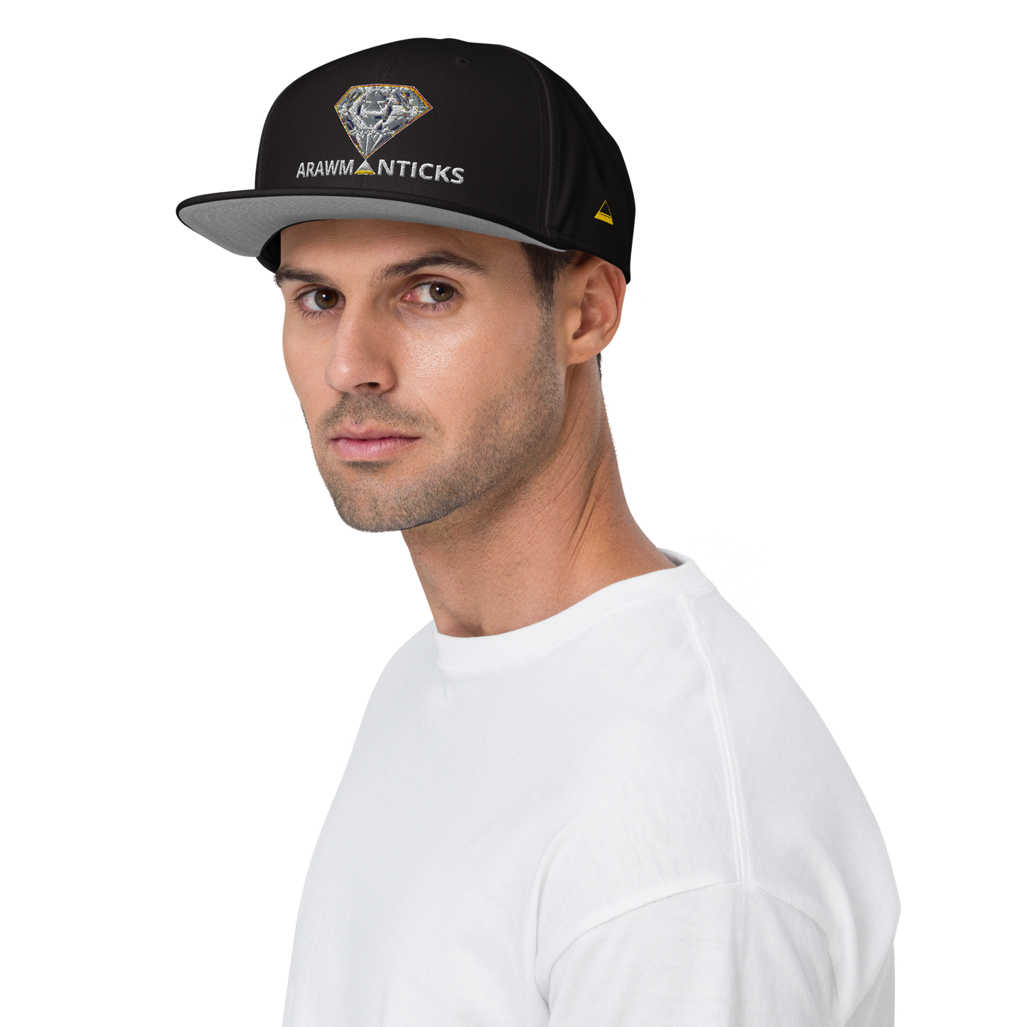 Male Model Wearing Black Snapback Hat with Bright Diamond 'A' Front Embroidery - ARAWMANTICKS