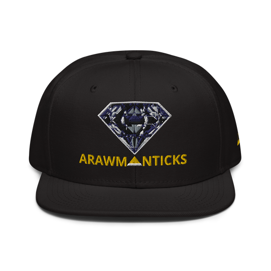 Black Snapback Hat with Dark Diamond 'A' Front Embroidery - ARAWMANTICKS Front Mockup