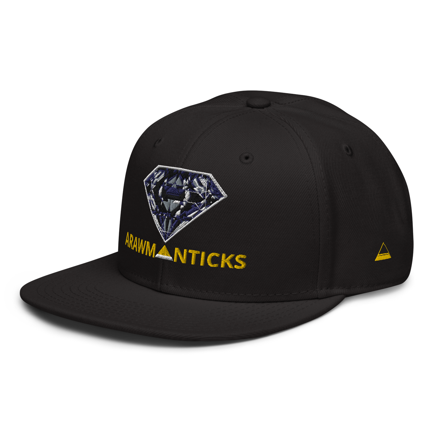 Black Snapback Hat with Dark Diamond 'A' Front Embroidery - ARAWMANTICKS Left Front Mockup