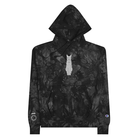 Black Champion Tie-Dye Hoodie with White Cat Embroidery - ARAWMANTICKS Front Flat