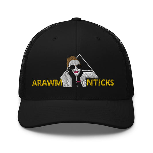 Black Trucker Cap with OMG Girl and Pyramid Design Front Embroidery - ARAWMANTICKS Front Mockup