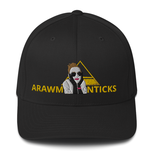 Black Structured Twill Cap with OMG Girl and Pyramid Design Front Embroidery - ARAWMANTICKS Front Mockup	arawmanticks-black-twill-cap-omg-girl-pyramid-front